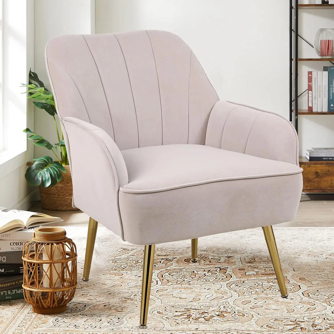 Goujxcy Accent Chair – Velvet Upholstered Tufted Armchair with Golden Metal Legs