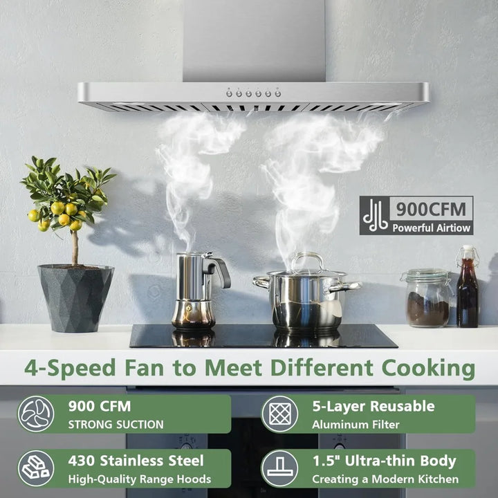 BMAD Stainless Steel Wall Mount Range Hood – Ultra-Thin Kitchen Exhaust with 4-Speed Fan, LED Lights & Push Button Controls