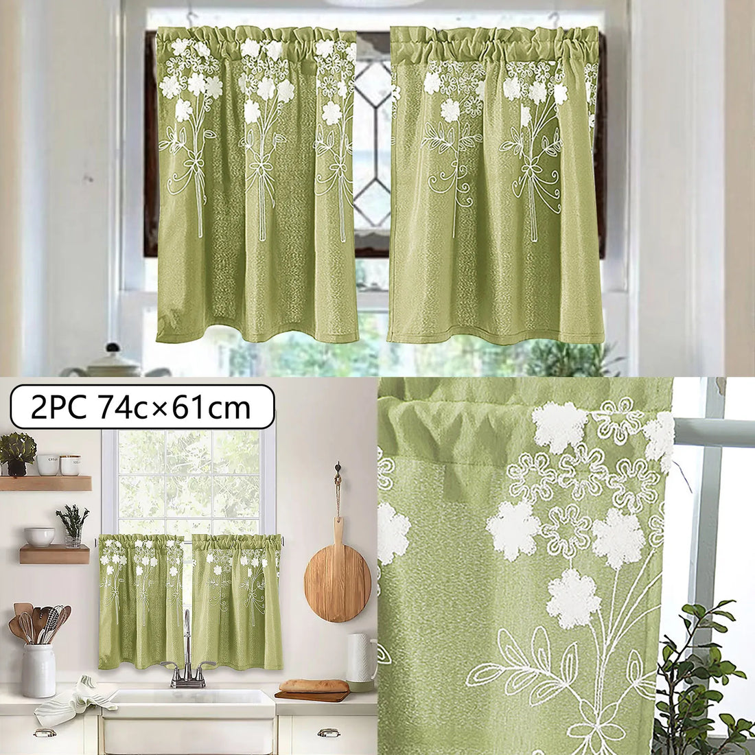 Floral Lace Short Curtains – 29 x 24 Inch Rod Curtains for Kitchen and Bedroom