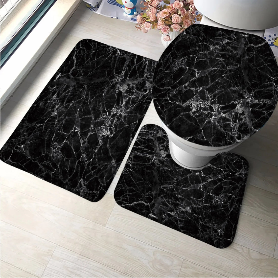 3pcs Set Black Marble Bath Mat – Non-Slip Absorbent Bathroom Rugs with Toilet Lid Cover