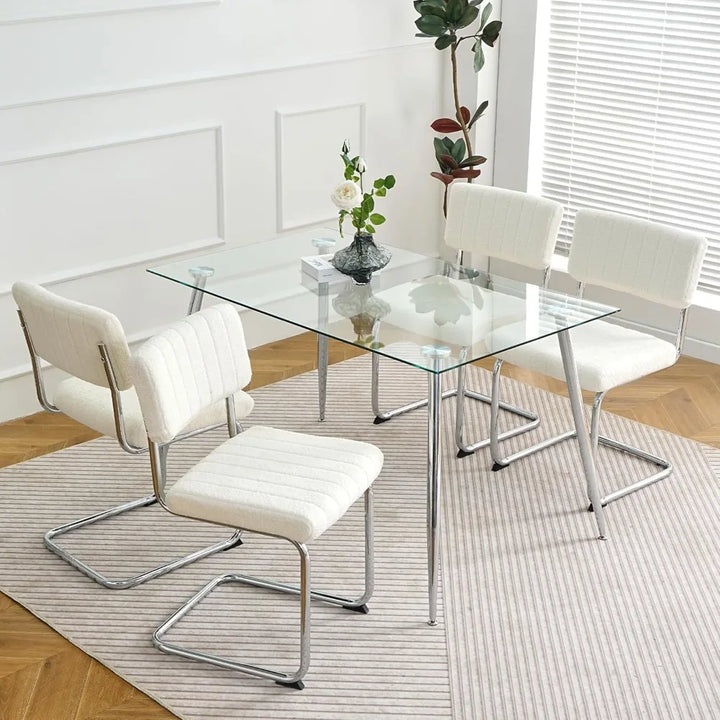 5 Piece Glass Dining Table Set, Modern Kitchen Table Set with Transparent Tempered Glass Tabletop and 4 Upholstered Chairs