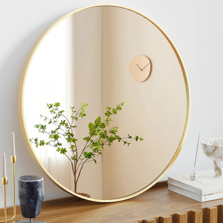 JHK Large Gold Round Vanity Wall Mirror – 30 Inch Matte Metal Framed Modern Mirror for Bedroom & Living Room