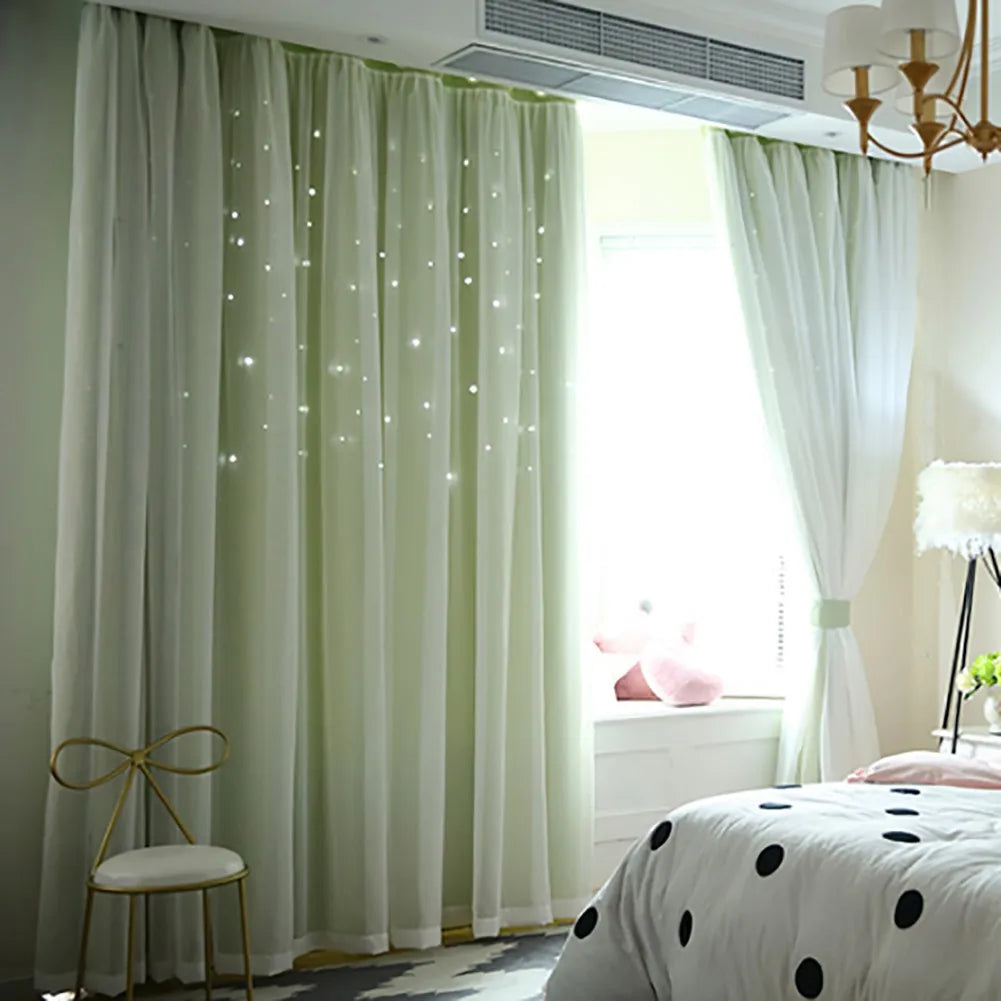 Bright Double Layer Blackout Star Hollow Curtains with Lace Tulle – Elegant Window Decor for Living Room & Bedroom