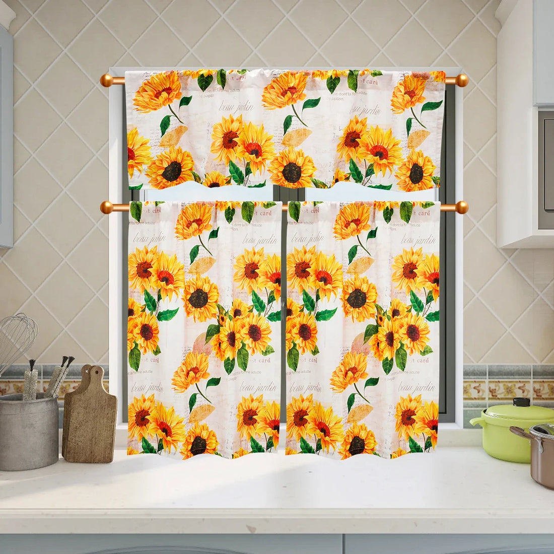 3Pcs Sunflower Valance and Tier Curtains – Light Filtering Kitchen Curtain Set with Wide Rod Pocket