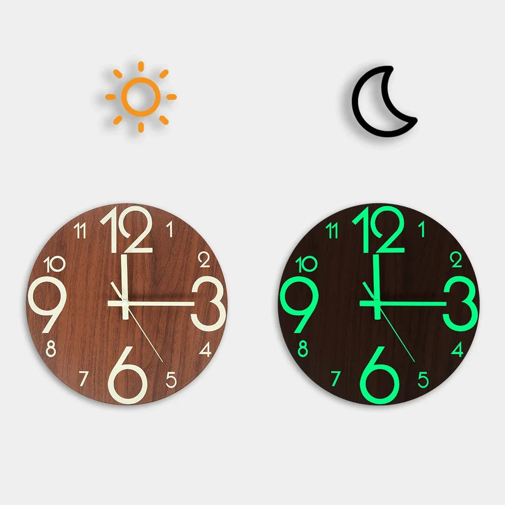 New Wooden Wall Clock with Luminous Numbers – Quiet Modern Decorative Clock for Living Room