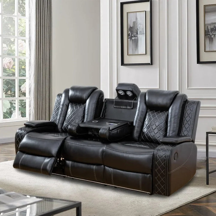 Leather Recliner Sofa Set with LED Lights