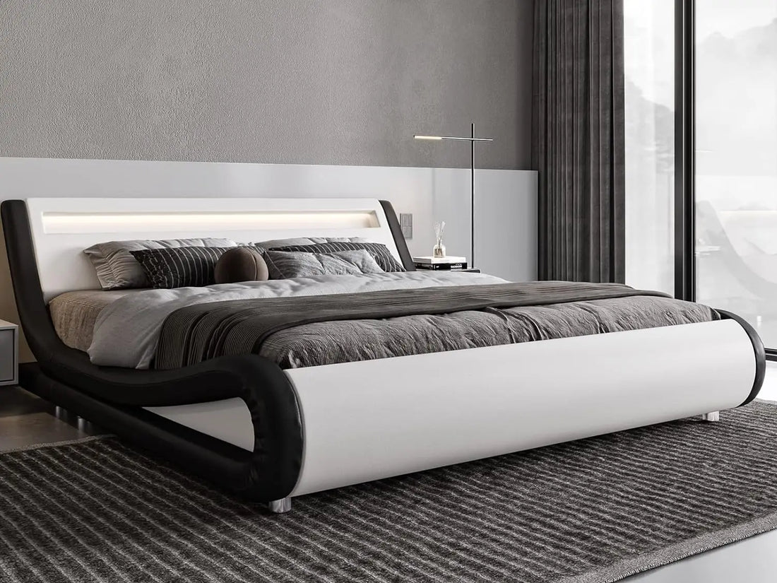 Modern Bed Frame with Adjustable Headboard & LED Lights