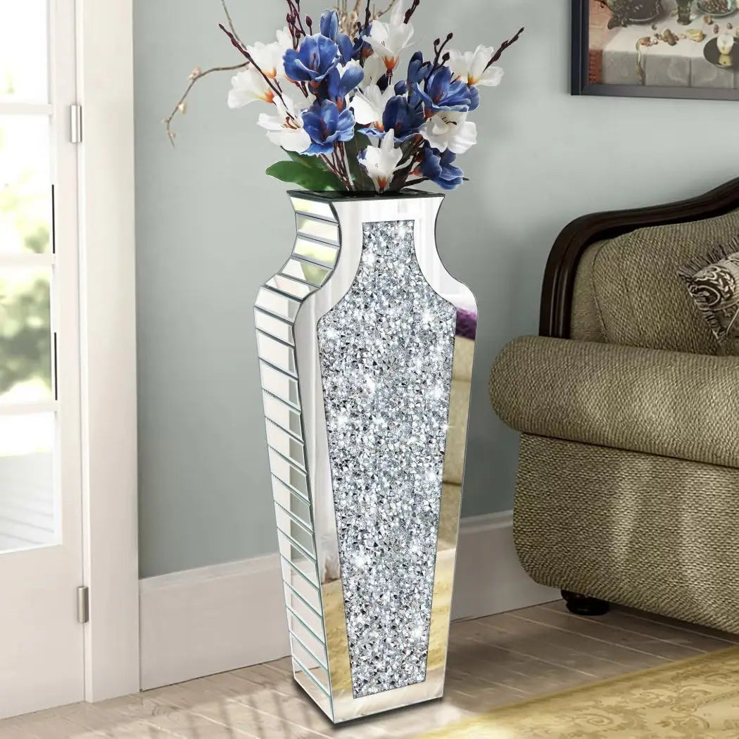 Floor Vase Crushed Diamond Mirrored Vase – 27” Tall, Crystal Silver Glass Decorative Mirror Vase