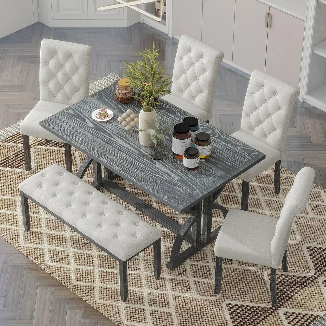 6-Piece Wood Dining Table Set – Retro Rectangular Table with 4 Upholstered Chairs & Bench