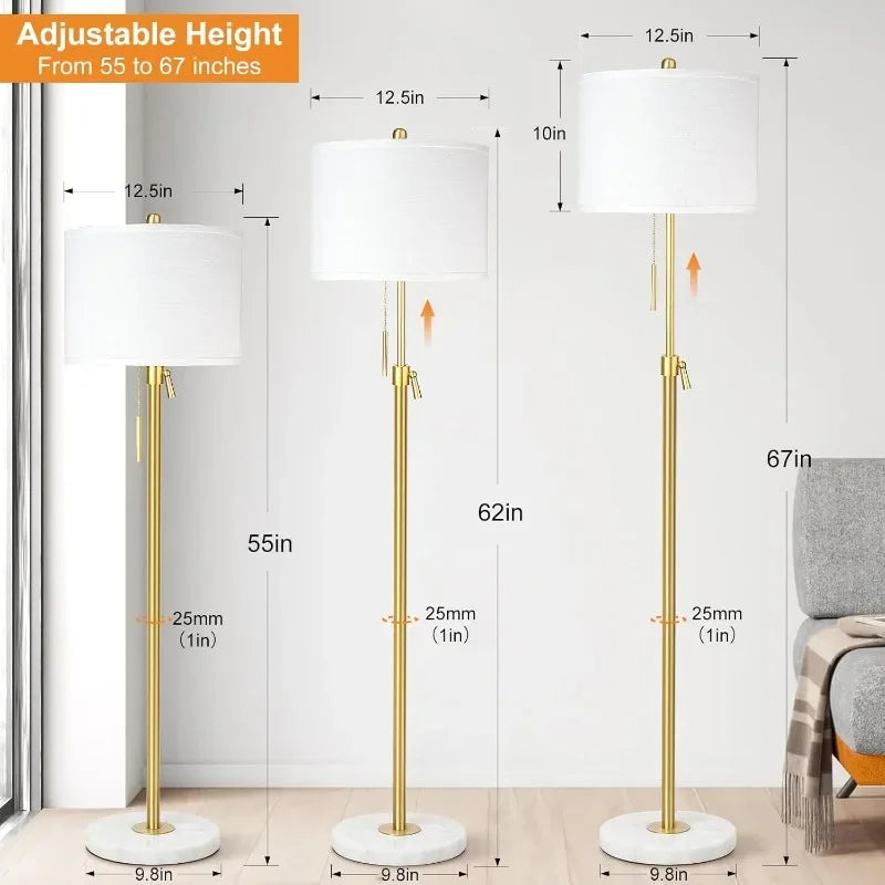 Modern Floor Lamp for Living Room, Adjustable Height Standing Lamp with Marble Base, 3-Way Dimmable Gold Brass Tall Pole Light