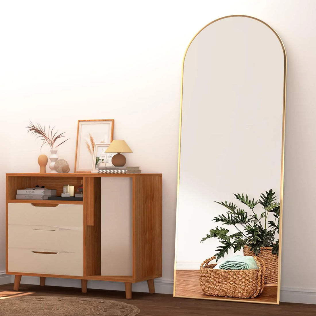 CASSILANDO 64" x 21" Arched Full-Length Mirror – Floor Standing & Wall Mounted, Gold/Black Metal Frame