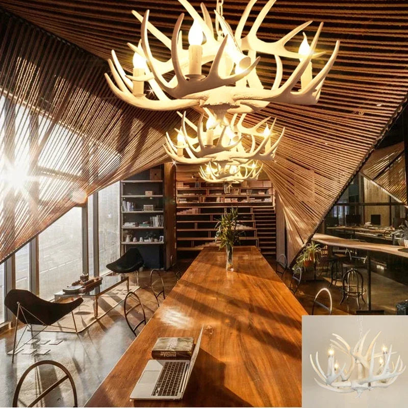 Retro Deer Antler Chandelier – Resin Pendant Lighting for Restaurants, Living Rooms, and Coffee Shops