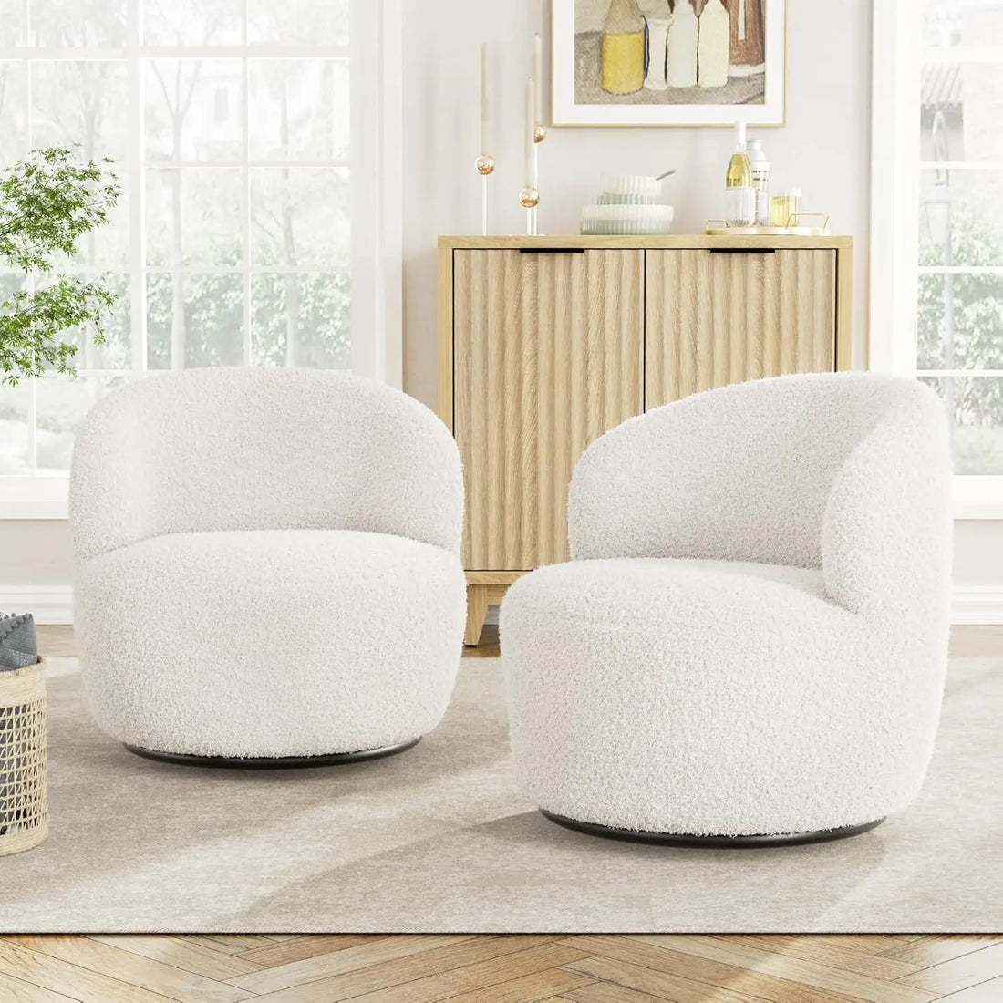 Vabches Swivel Accent Chair – Furry Sherpa Barrel Chair with Soft Padded Armrest