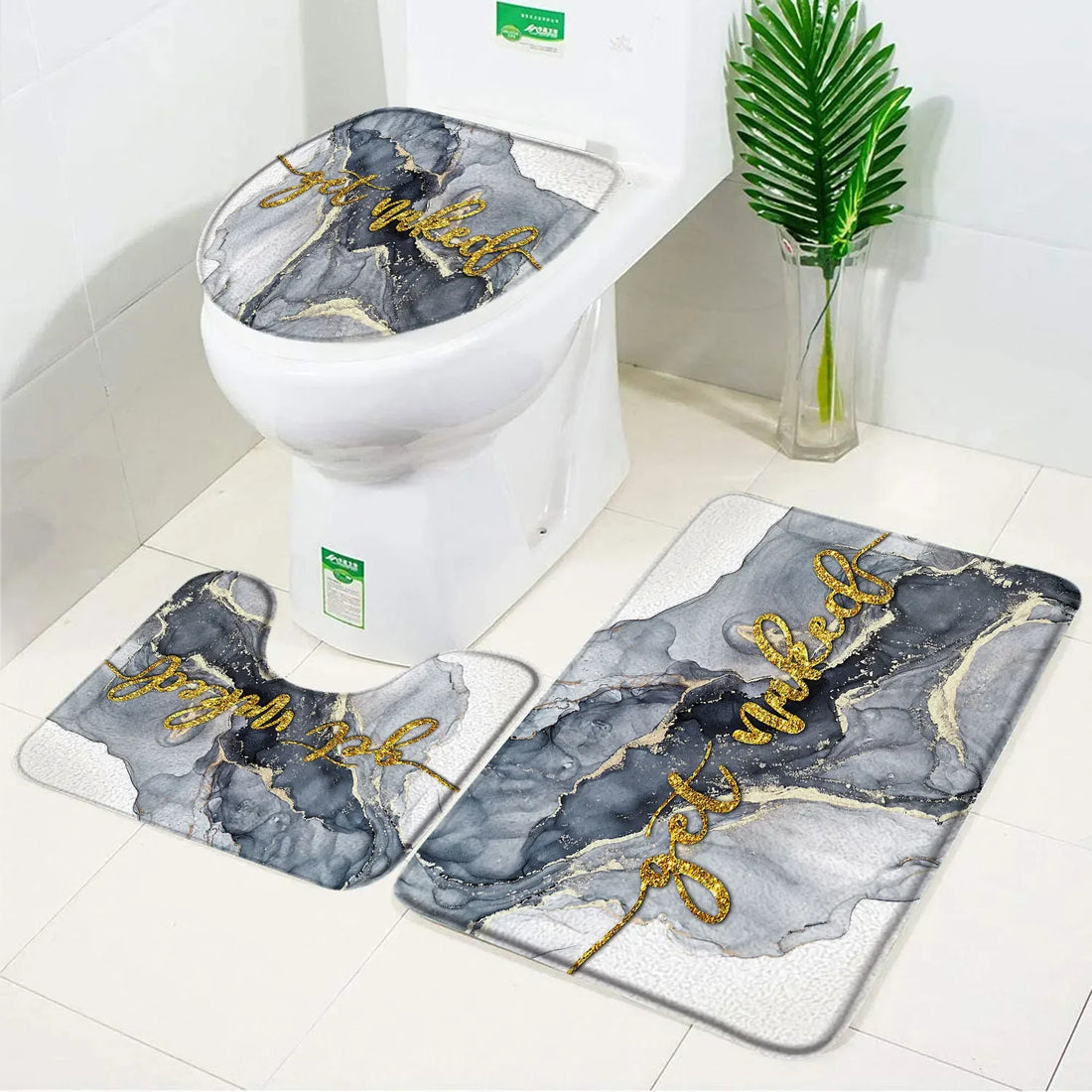 3pcs Set Black Marble Bath Mat – Non-Slip Absorbent Bathroom Rugs with Toilet Lid Cover