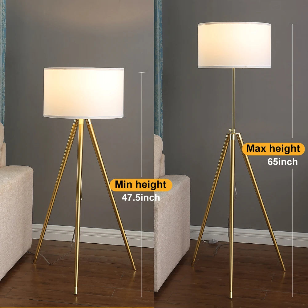 64" - 47"H Adjustable Height Brass/Shiny Gold Modern Tripod Floor Lamp for Living Room, Standing Lamp for Bedroom