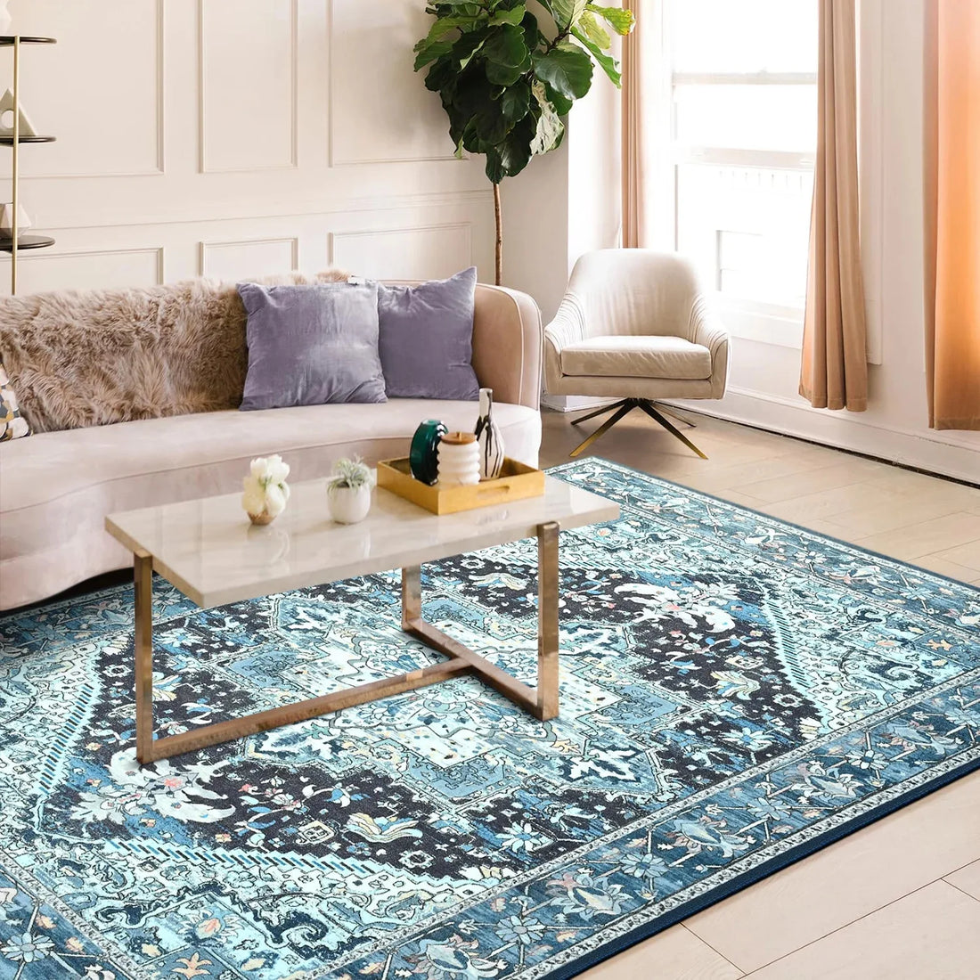 Faux Cashmere Vintage Floral Area Rug – Soft Low Pile Rug for Living Room, Bedroom, and Home Décor