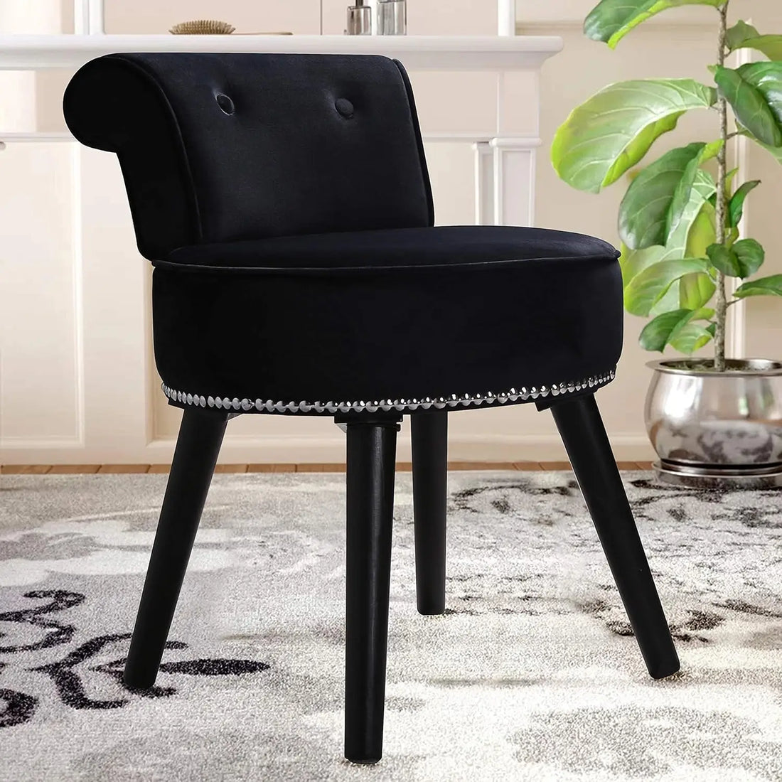 Makeup Vanity Stool Chair with Low Back - Round Velvet Padded Chair with Wood Legs