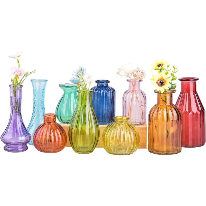 Bud Vases for Flowers – Set of 10 Glass Colored Vintage Vases for Wedding Decorations