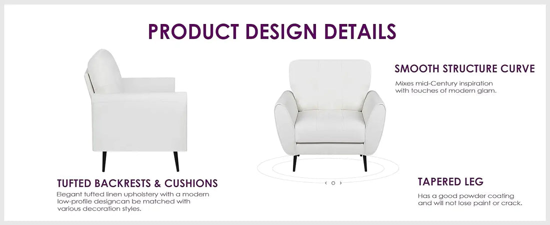 Accent Chairs Set of 2 – White Faux Leather Modern Living Room Chairs