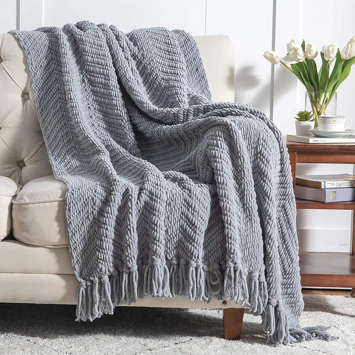 Bedsure Grey Knit Throw Blanket – Soft & Warm Chenille Blanket for Couch & Chair