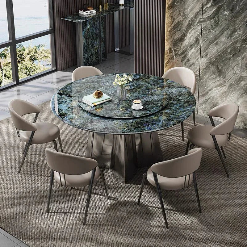 Modern Luxury Marble Round Dining Table Set with Rotating Center – 6, 8, or 10-Seater with Leather Chairs