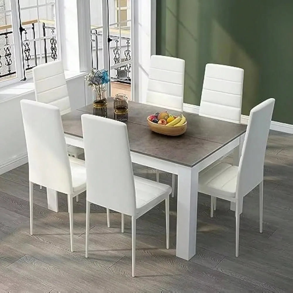 7-Piece Dining Table Set – Modern Rectangular Table with 6 Faux Leather Chairs