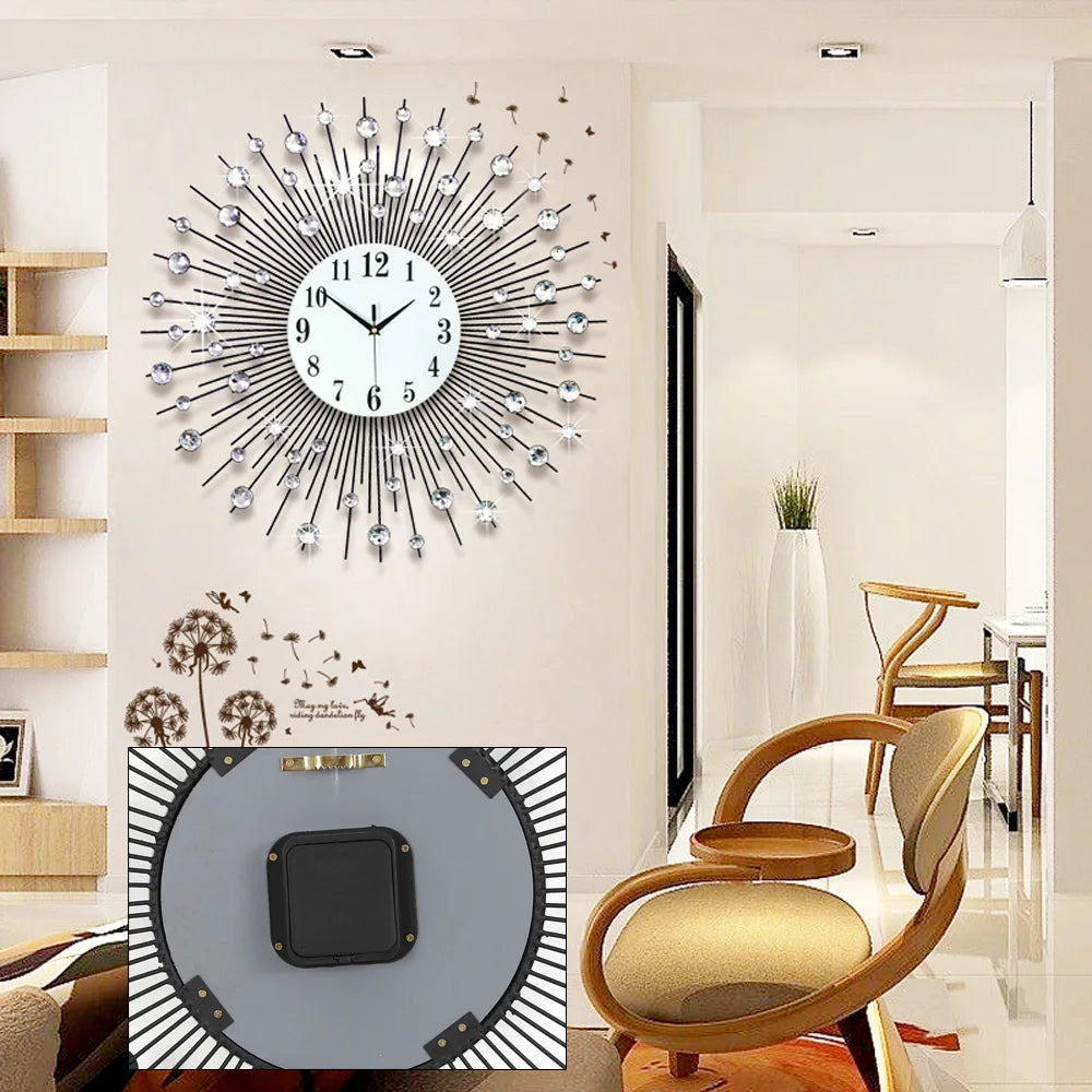 Modern Luxury Large Art Round Diamond Wall Clock – Elegant Living Room Decor