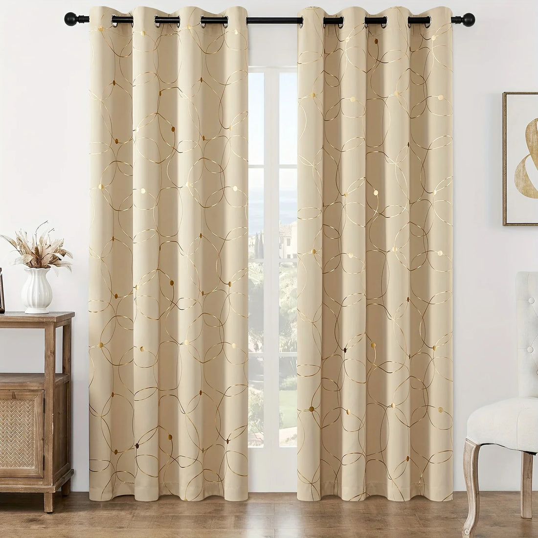 2Pcs Golden Wave & Circle Blackout Curtains – Thermal Insulated Light Filtering Drapes