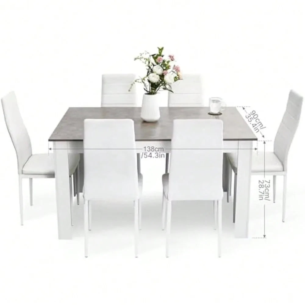 7-Piece Dining Table Set – Modern Rectangular Table with 6 Faux Leather Chairs