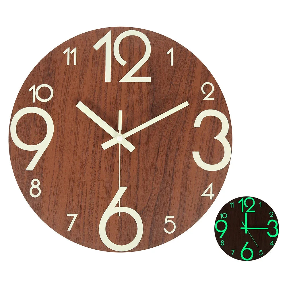 New Wooden Wall Clock with Luminous Numbers – Quiet Modern Decorative Clock for Living Room