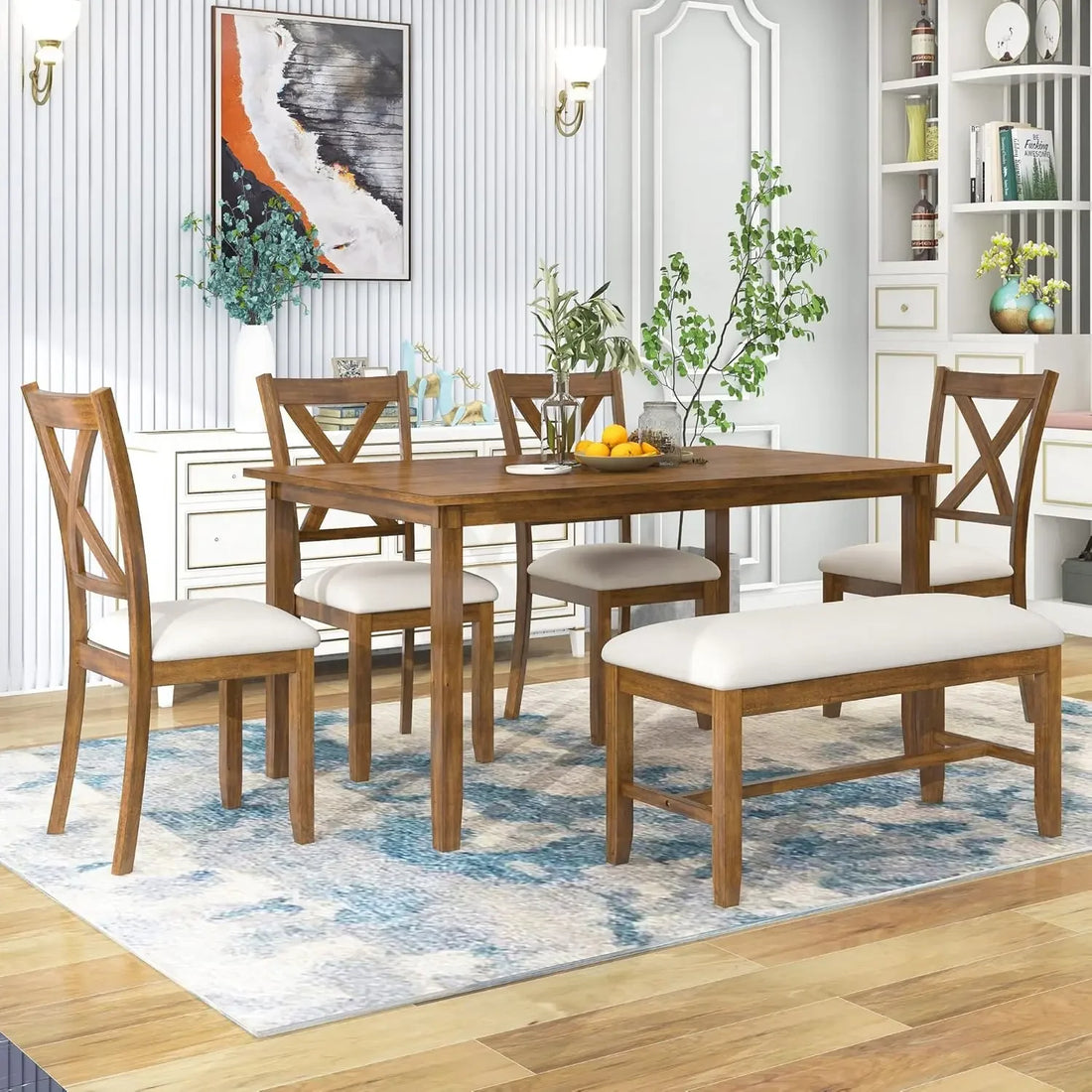 6-Piece Wood Dining Table Set – Retro Rectangular Table with 4 Upholstered Chairs & Bench