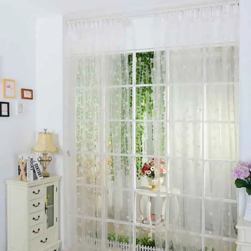 2 Panels White Sheer Voile Curtains – Decorative Hollow Heart Rod Pocket Window Drapes