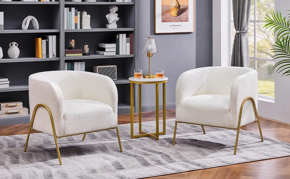 Accent Chair Set of 2 – Boucle Fabric Vanity Chairs with Gold Legs for Living Room and Bedroom