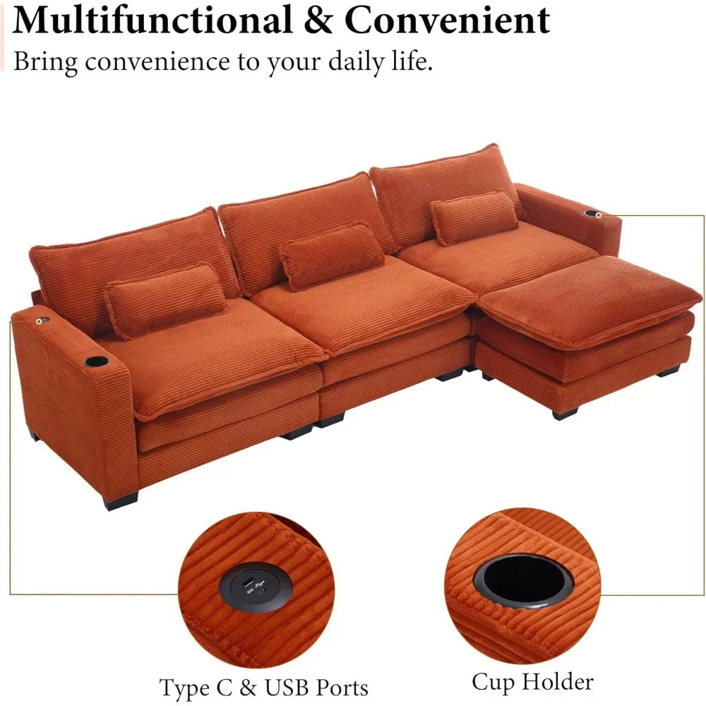 L Shaped Sectional Sofa 117.7" with Cup Holders & USB Ports