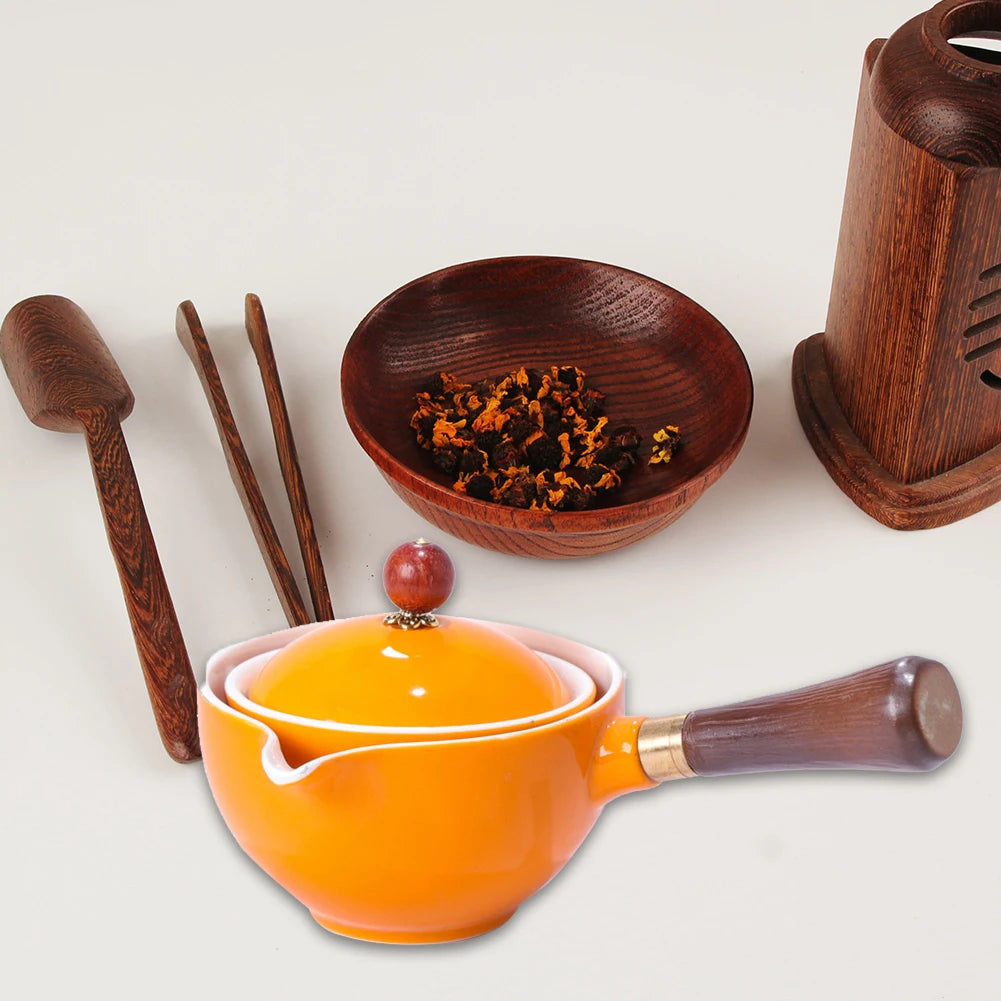 Portable Chinese Gongfu Kung Fu Tea Set – 360° Rotating Ceramic Teapot with Wooden Handle & Infuser