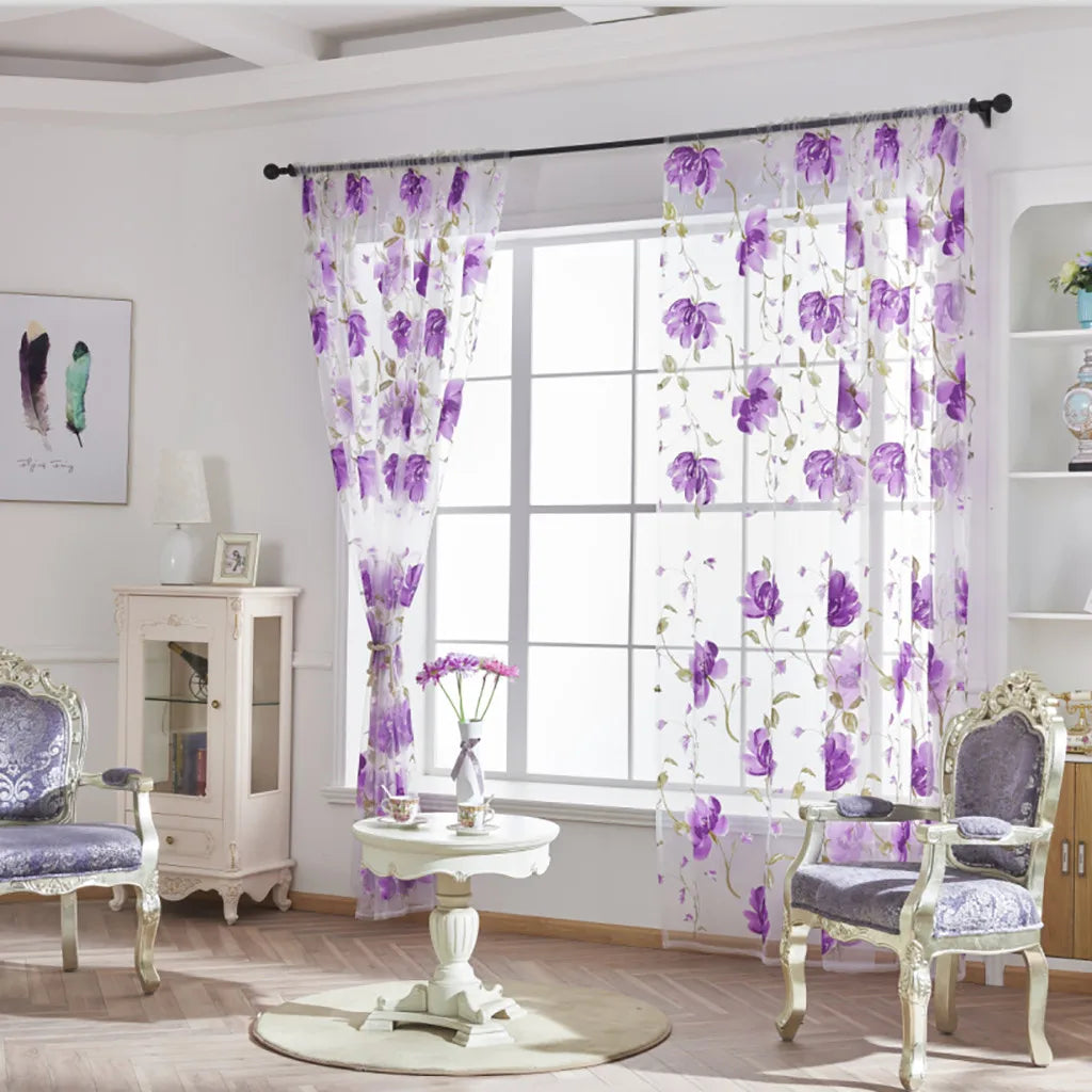 Floral Tulle Sheer Curtains – Elegant White Curtains for Living Room, Bedroom, and Kitchen