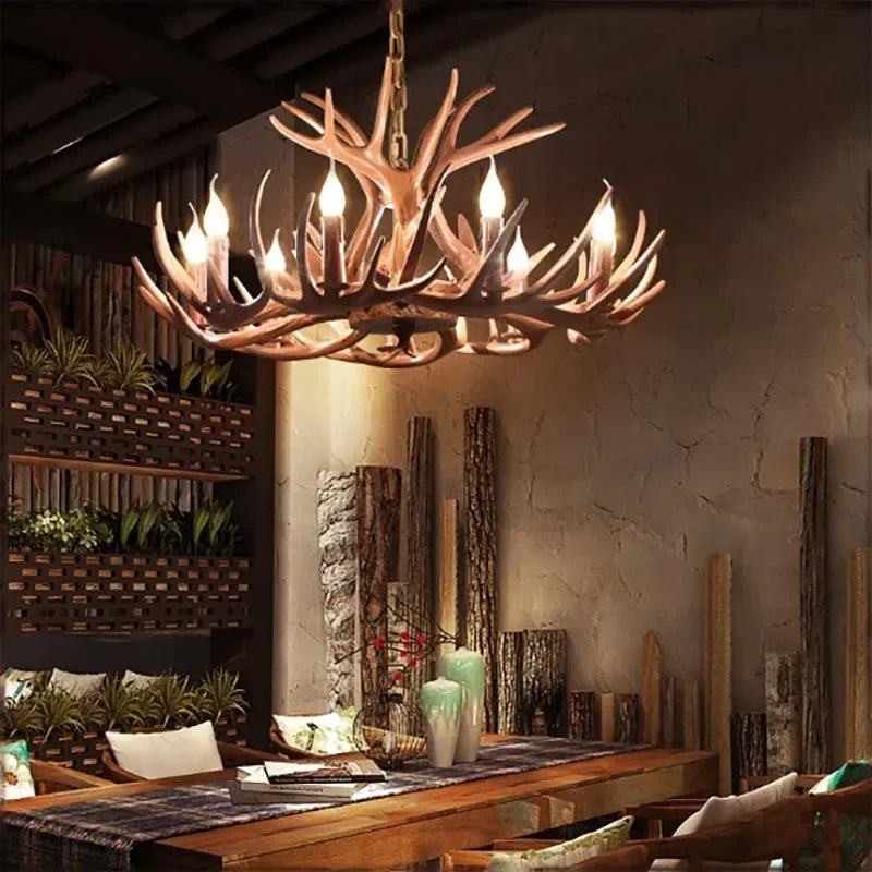 Retro Deer Antler Chandelier – Resin Pendant Lighting for Restaurants, Living Rooms, and Coffee Shops