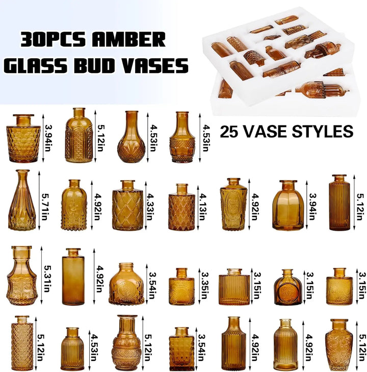 30-Piece Bulk Amber Glass Bud Vase Set – Vintage Mini Flower Vases for Weddings and Home Décor