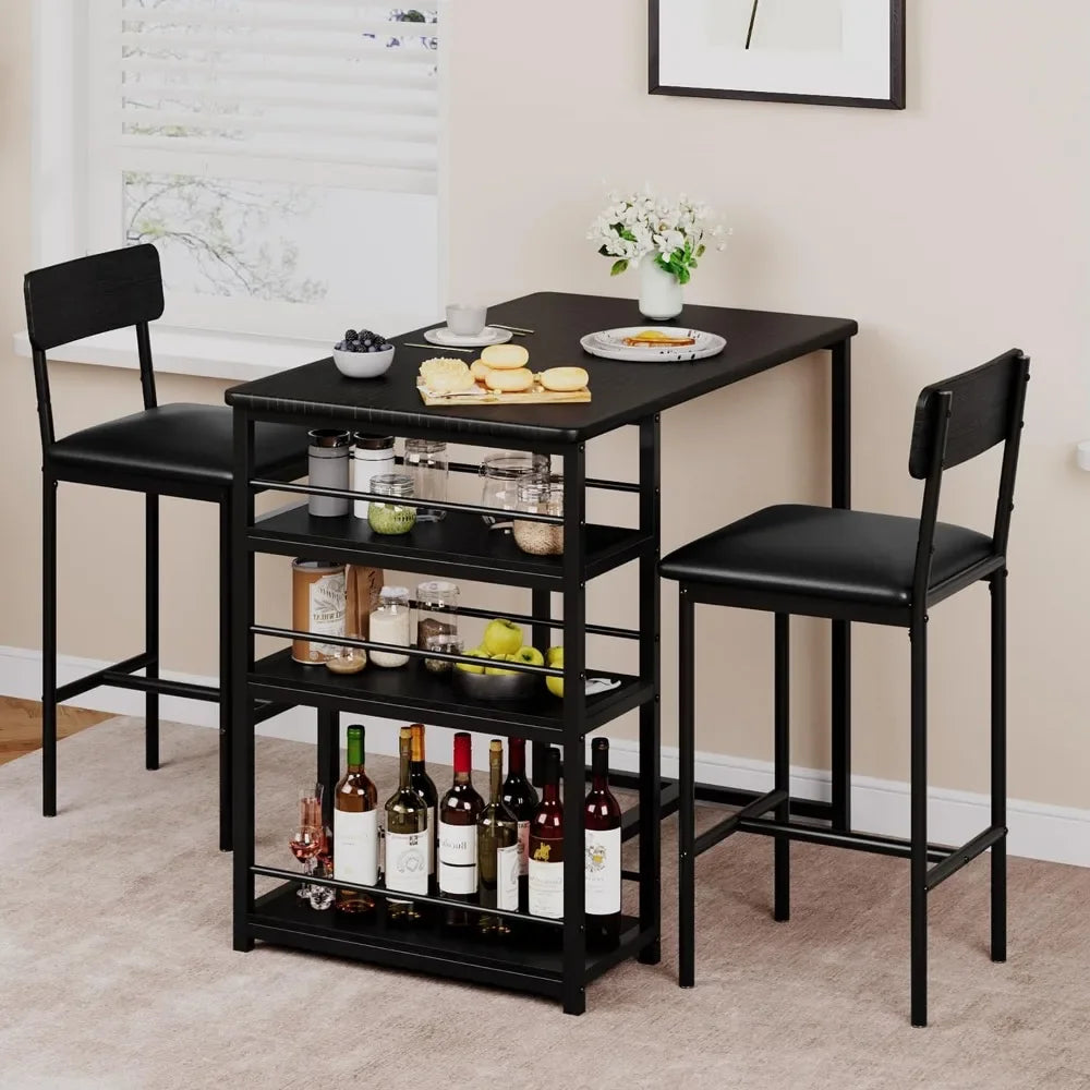 Dining Table Set for 2 – Counter Height Table with Upholstered Chairs and Storage Shelves