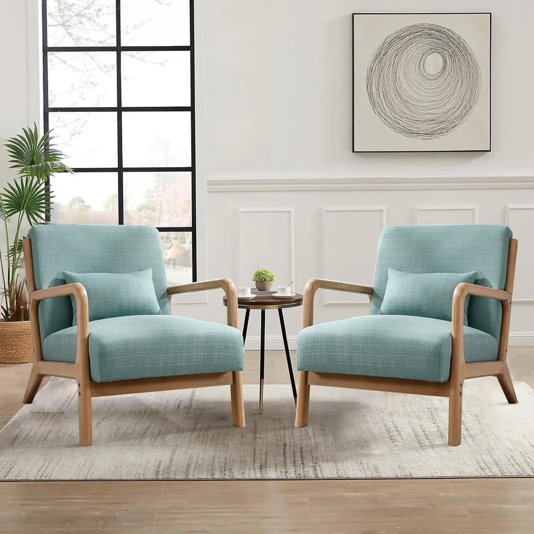 Mid-Century Modern Accent Chairs Set of 2 – Fabric Lounge Armchairs with Solid Wood Frame