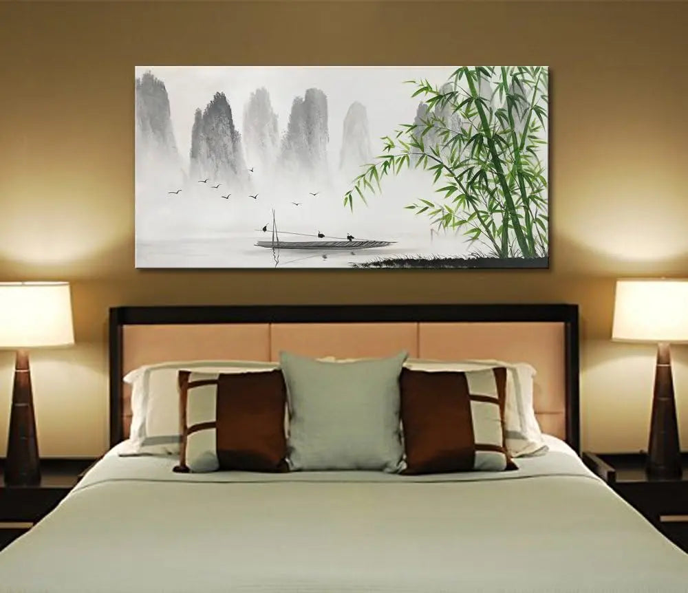 Large Hand-Painted Traditional Chinese Painting – Black and White Bamboo Landscape Canvas Wall Art