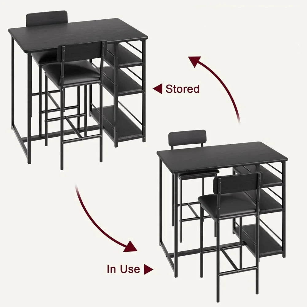 Dining Table Set for 2 – Counter Height Table with Upholstered Chairs and Storage Shelves