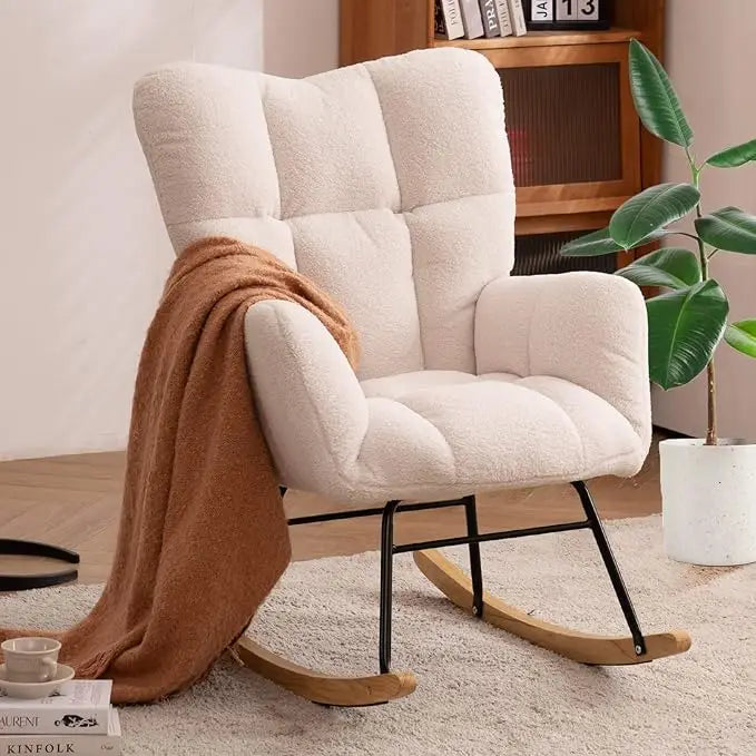 Rocking Chair – Teddy Upholstered Glider Rocker with High Backrest and Padded Seat