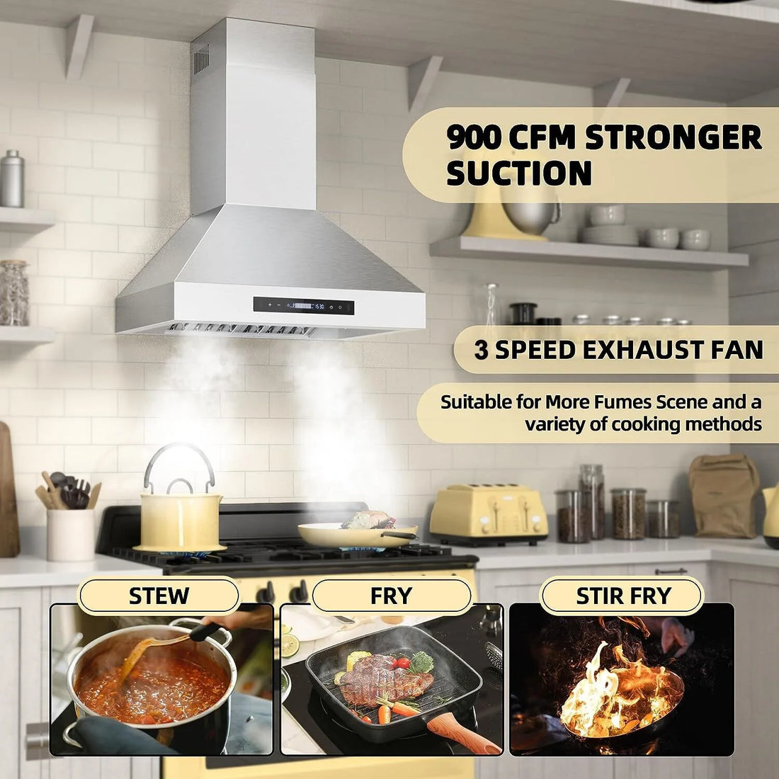 Tieasy 30-Inch Wall Mount Range Hood – 900 CFM Stainless Steel Kitchen Vent with Gesture & Touch Control (USGD2875)