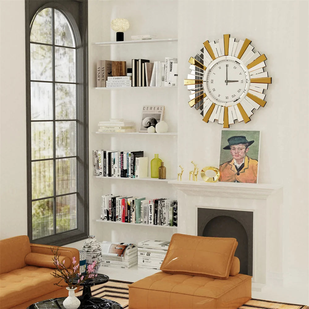 LUVODI Round Art Sunburst Wall Clock – Retro Mirror Roman Numeral Clock for Stylish Home Decor