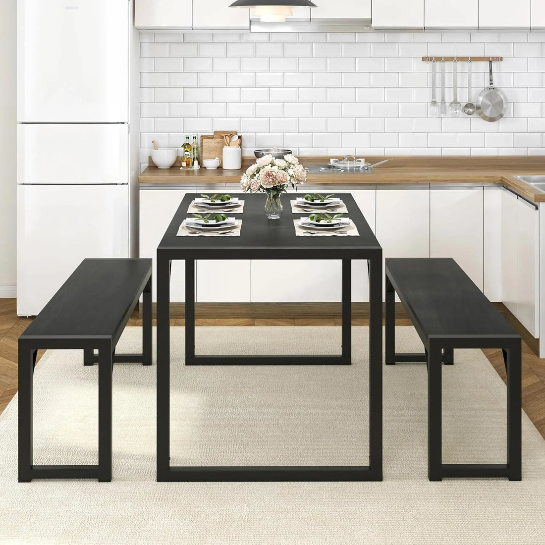 3-Piece Kitchen Dining Table Set with Benches – Space-Saving, Sturdy, and Multifunctional