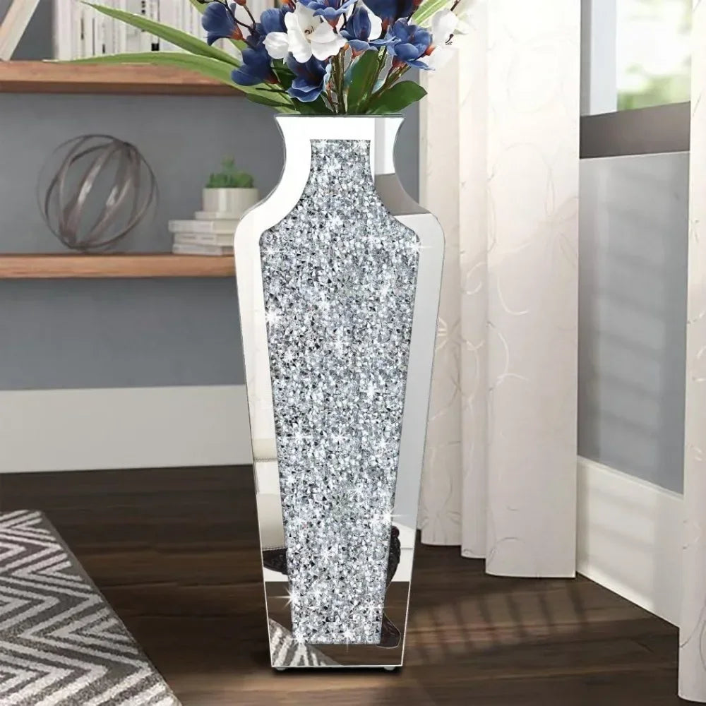 Crystal Silver Glass Decorative Mirror Vase – Luxury Crushed Diamond 27" Floor Vase