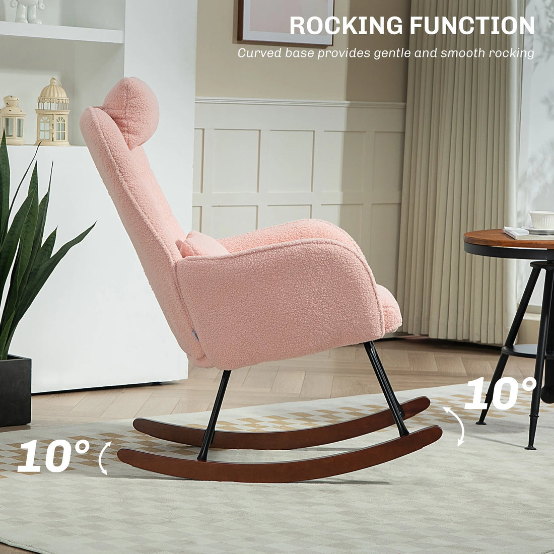 HOMCOM Boucle Rocking Chair with Headrest and Lumbar Pillow – Modern Pink Sherpa Rocker for Living Room, Bedroom & Nursery