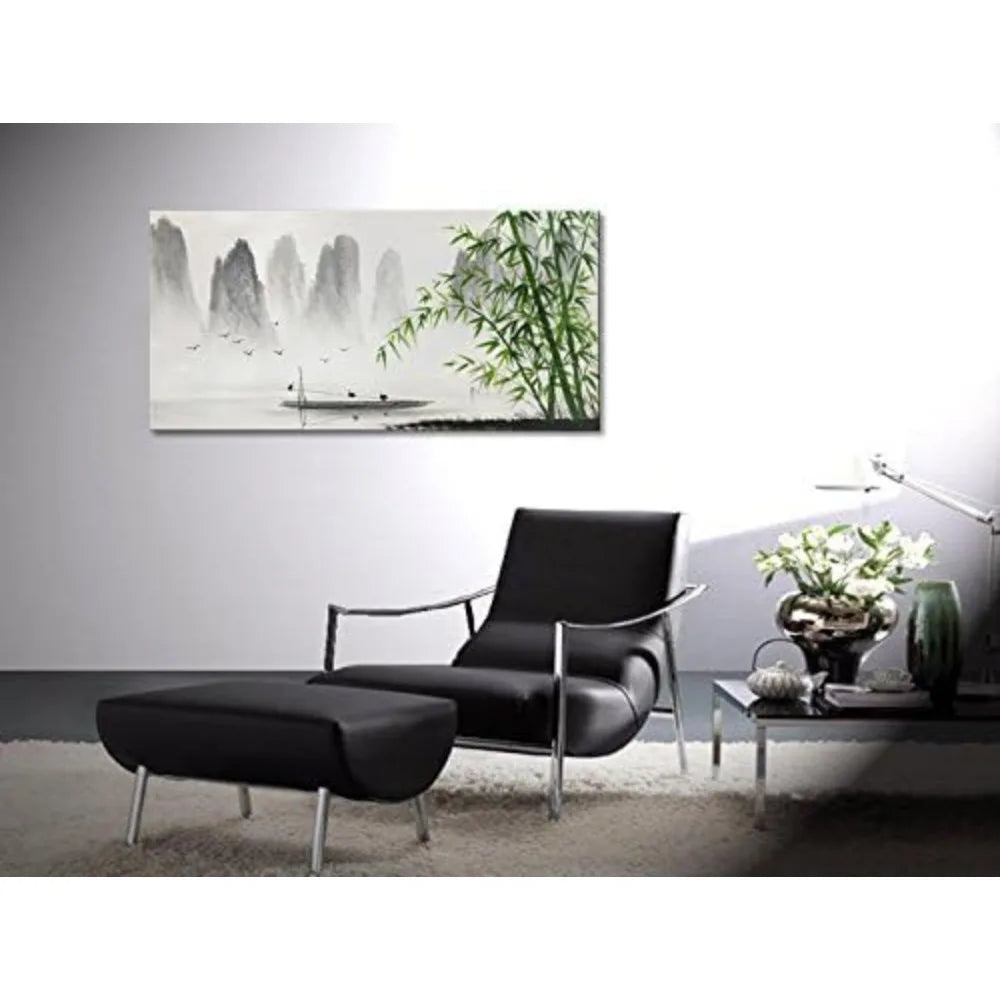 Large Hand-Painted Traditional Chinese Painting – Black and White Bamboo Landscape Canvas Wall Art