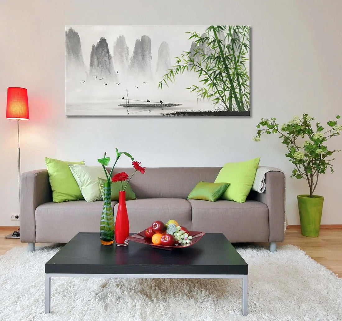 Large Hand-Painted Traditional Chinese Painting – Black and White Bamboo Landscape Canvas Wall Art